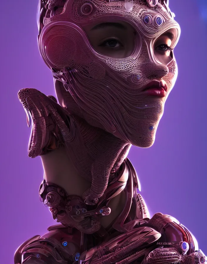 Image similar to beautiful portrait of friendly attractive alien cyborg, style of Feng Zhu, Artstation geometric, aesthetic, smooth skin, unique features, symmetrical, intricate crown, high fashion, streetwear, cyberpunk, detailed, octane render, cinematic, 8k, purple skin, brown skin