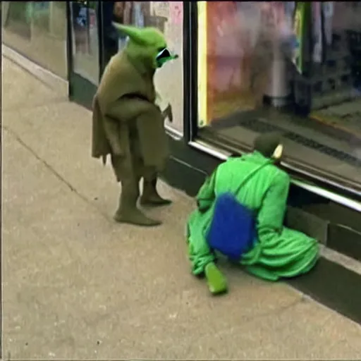 Prompt: yoda caught robbing store cct footage