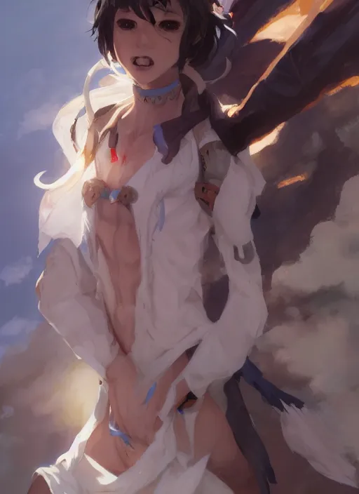 Image similar to concept art painting of a person with brown skin and short white hair, demon horns, white freckles, full clothing, blue robes, detailed, cel shaded, in the style of ruan jia and artgerm and makoto shinkai and james gurney