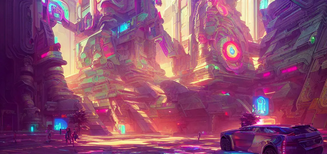 Image similar to street view of a cybernetic temple, vaporwave aesthetic, colorful, psychedelic, digital painting, artstation, concept art, smooth, sharp focus, illustration, art by artgerm and greg rutkowski and alphonse mucha