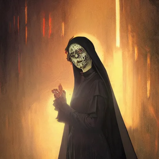 Image similar to A portrait of A zombie nun glowing black by greg rutkowski and alphonse mucha,In style of digital art illustration.Dark Fantasy.darksouls.hyper detailed,smooth, sharp focus,trending on artstation,4k