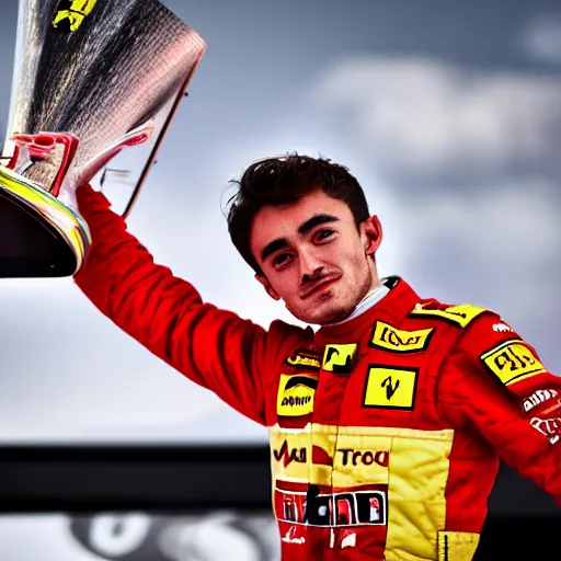 Prompt: charles leclerc, formula 1, lifting trophy, ferrari, dramatic lighting, photograph, widelens, 4 k, hdr