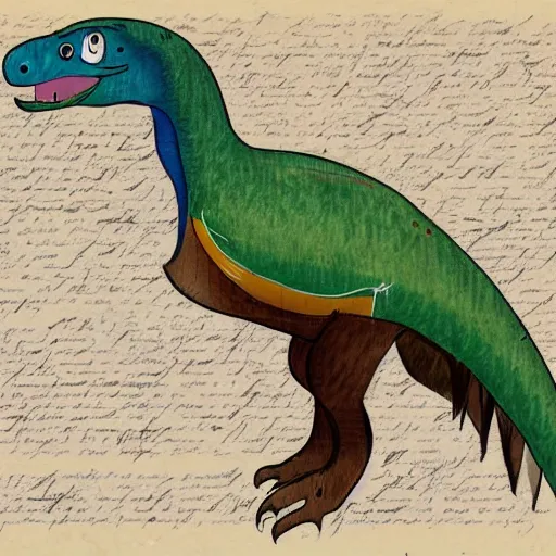 Image similar to professional vintage colored sketch of a feathered dinosaur with full descriptions, on parchment, 8K, HD, highly detailed, high quality