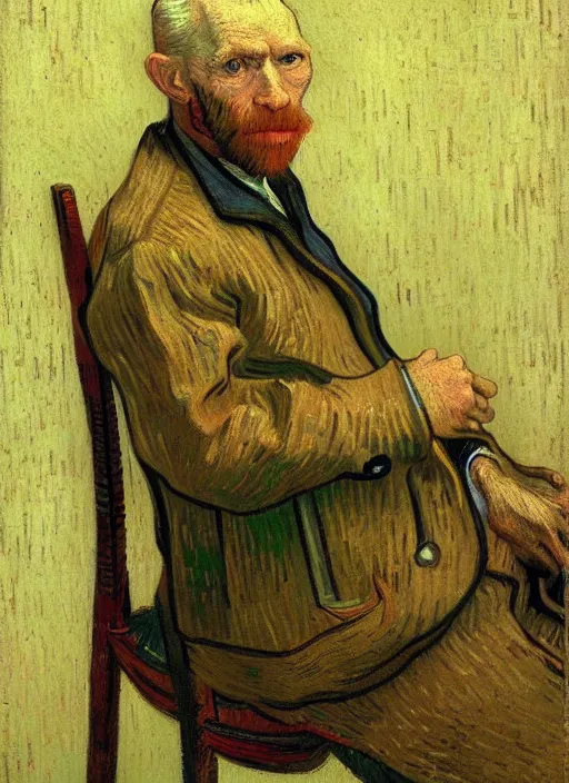 Image similar to portrait of a tired old man in a chair, detailed realism face in painting, detailed beautiful portrait, expressionist oil painting masterpiece, 8 k resolution, smooth, sharp focus, pastel color palette, trending on artstation, by van gogh