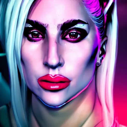 Image similar to lady gaga portrait, borderlands, tales from the borderlands, the wolf among us, comic, cinematic lighting, studio quality, 8 k