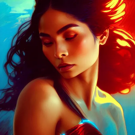 Image similar to lovi poe as darna, volumetric lights, red and cyan theme, art nouveau botanicals, intricate, highly detailed, digital painting, artstation, concept art, smooth, sharp focus, cinematic, illustration, beautiful face, art by artgerm and greg rutkowski and alphonse mucha