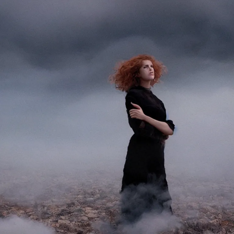 Image similar to The full body shot of beautiful pale woman with many flowers and full-face black mask inside a thick cloud black smoke in rocky desert landscape, glowing eyes, falling star on the horizon by Gaspar Noe, Alejandro Jodorowsky and Christopher Doyle, anamorphic lens, anamorphic lens flares, kodakchrome, cinematic composition, award winning photo, 8k