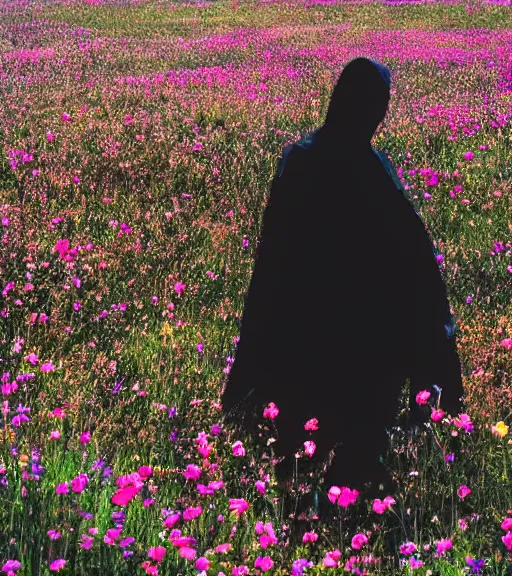 Prompt: mystical black death god figure standing in tall meadow of flowers, film photo, grainy, high detail, high resolution