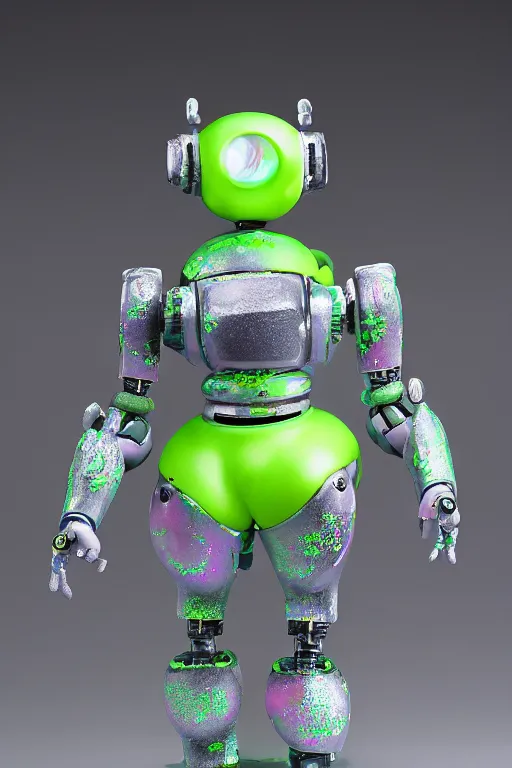 Prompt: a fat bubbly super detailed anime figurine with fluo color detail, and muted arm colors, that looks like a robot, decorated by plastic synthetic ionized metal flower sculptures