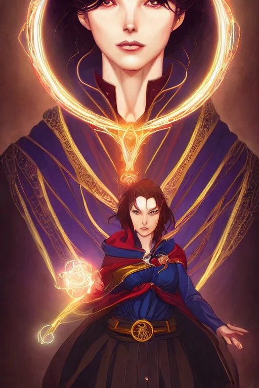 Image similar to anime key visual of a beautiful young female doctor strange, marvel comics, spells, magic, intricate, magical village, stunning, highly detailed, digital painting, artstation, smooth, hard focus, illustration, art by artgerm and greg rutkowski and alphonse mucha