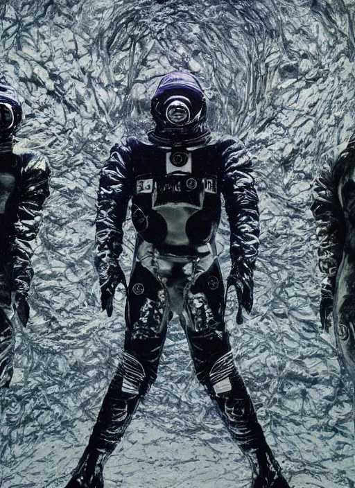 Image similar to divers astronauts in dark and empty void underwater - complex and hyperdetailed technical suit. reflection and dispersion materials. rays and dispersion of light. volumetric light. 5 0 mm, f / 3 2. noise film photo. flash photography. ultra realistic, wide angle. poster by wayne barlowe, hajime sorayama aaron horkey, craig mullins