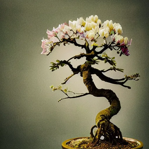 Image similar to A picture of a planet of various flowers, fungus and plants, Bonsai , in which the human figure is dressed in something magical and impressive, inside the picture is infinity, muted light, BotanicalAtmospheric phenomenon, artistic photography, muted colors, conceptual, Kodachrome