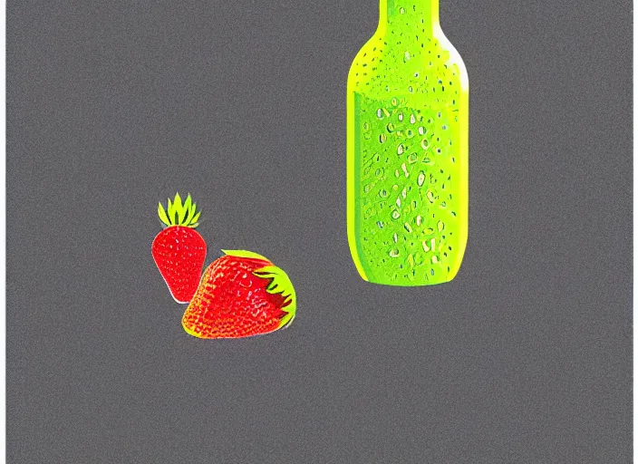 Image similar to ( ( dithered ) ), editorial illustration strawberries blueberries sliced kiwi sliced lemon inside a clear drinking bottle, isometric, modern art deco, mads berg, karolis strautniekas, christopher balaskas, stippled light, fog, fine texture, dynamic composition, matte print, unreal engine