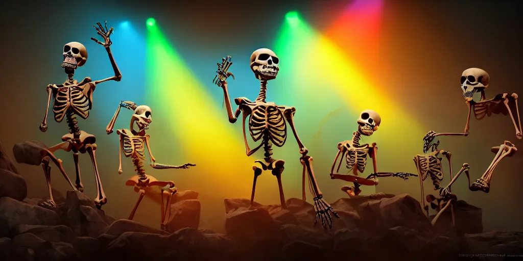 Prompt: skeletons, they are in front of a desk working on a new dark spell that is casting out flowing energy, colorful, flowing energy, light rays, medium shot, waist up, sharp, concept art, highly detailed, bloom, dramatic lighting, cinematic, by dreamworks