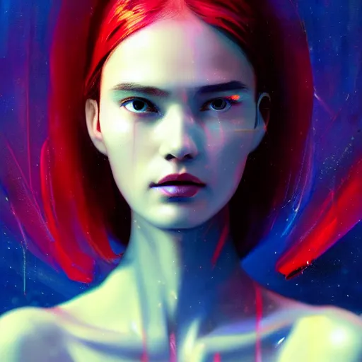 Image similar to 3 d, sci - fi, morning, sleepy fashion model face, sun, neon, cinematic, lightning clouds, vogue cover style, poster art, deep red and deep blue mood, realistic painting, intricate oil painting, high detail, figurative art, multiple exposure, poster art, 3 d, by tooth wu and wlop and beeple and greg rutkowski