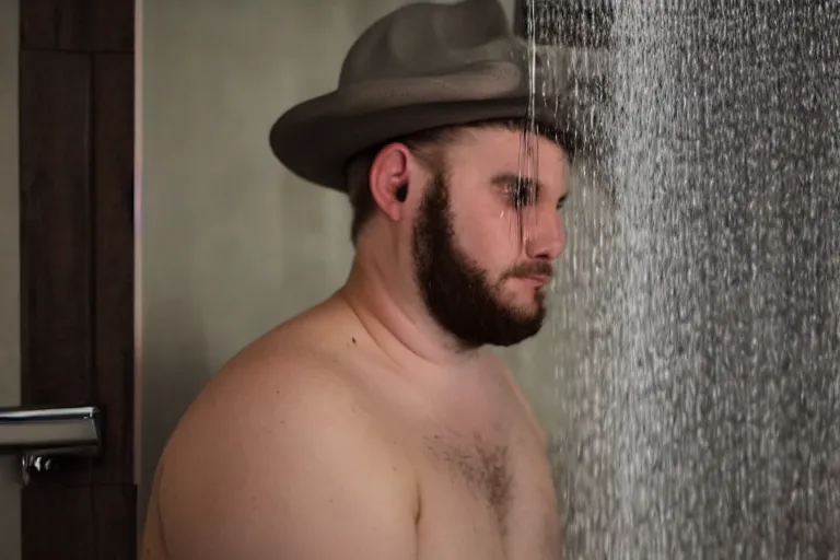 Image similar to photo of a neckbeard wearing a fedora looking at a shower with a terrified look on his face