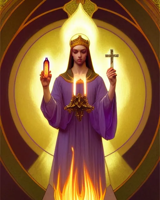 Image similar to symmetry portrait of saint germain holding a violet colored flame, intricate, elegant, highly detailed, digital painting, artstation, concept art, smooth, sharp focus, illustration, art by artgerm and greg rutkowski and fra angelico and alphons mucha