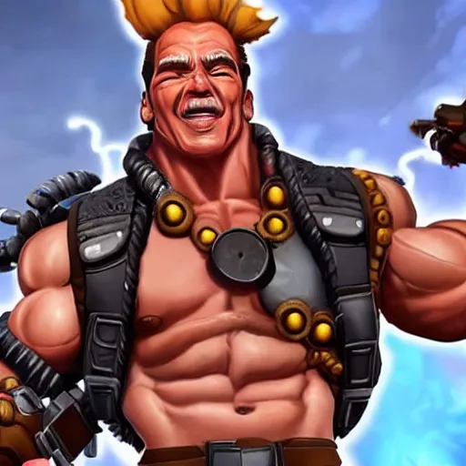 Image similar to a screenshot of arnold schwarzenegger as junkrat in overwatch