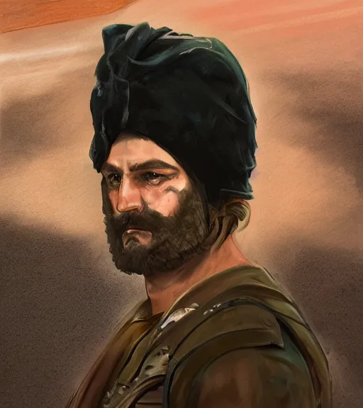 Image similar to portrait of muscular, tired and alcoholic 3 0 - year - old grieving man with short darkblonde hair, serious sad look in his eyes, looking down, dirty beard, blue eyes, crying tears, wearing dirty soldier uniform, on the desert, sad atmosphere, hyper realistic face, character art, art by mark brooks, cryengine, trending on artstation, digital art