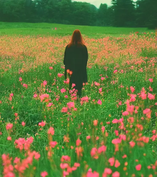 Image similar to shadow person figure standing at distance in beautiful meadow of flowers, film photo, grainy, high detail, high resolution
