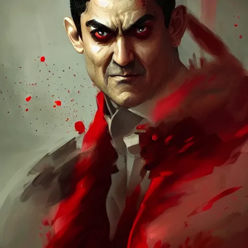 Prompt: portrait of aamir khan upper body in bloody business suit, blood red eyes, vampire fangs, fantasy, intricate, elegant, highly detailed, digital painting, artstation, concept art, matte, sharp focus, illustration, art by aenaluck and roberto ferri and greg rutkowski, epic fantasy, digital painting