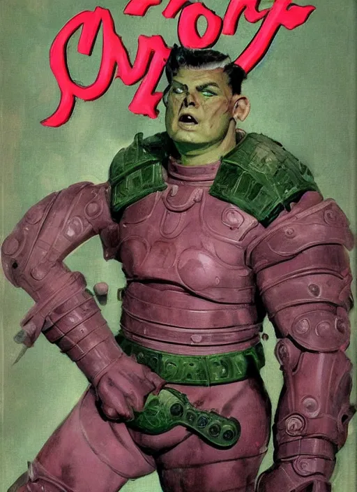 Image similar to 5 0 s pulp scifi fantasy illustration full body portrait martyn ford as huge monstrous armoured giant, pink and green, by norman rockwell, roberto ferri, daniel gerhartz, edd cartier, jack kirby, howard v brown, ruan jia, tom lovell, frank r paul, jacob collins, dean cornwell, astounding stories, amazing, fantasy, other worlds