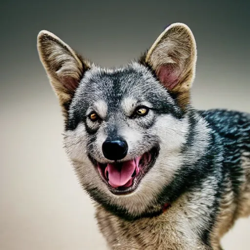 Image similar to award winning wildlife photography, a Swedish vallhund, high midair shot, running towards the camera, straight shot, high shutter speed, dust and sand in the air, wildlife photography by Paul Nicklen, shot by Joel Sartore, Skye Meaker, national geographic, perfect lighting, blurry background, bokeh