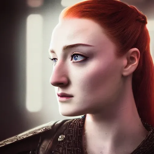 Prompt: portrait beautiful sansa stark in cyberpunk, high detail, dark dramatic light