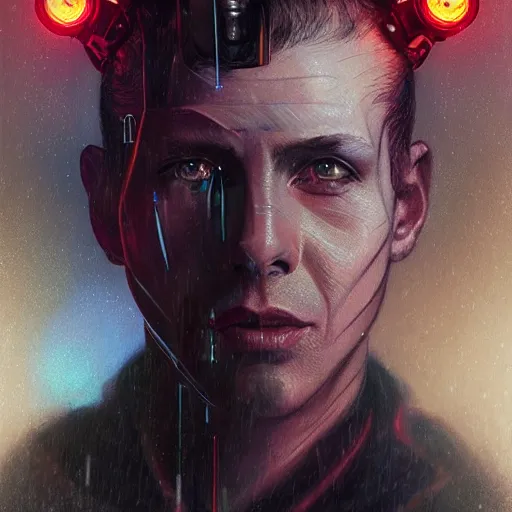 Image similar to portrait of a man with face tattoos, sci - fi, cyberpunk, blade runner, glowing lights, tech, biotech, techwear, intricate, elegant, highly detailed, digital painting, artstation, concept art, smooth, sharp focus, illustration, art by artgerm and greg rutkowski and alphonse mucha