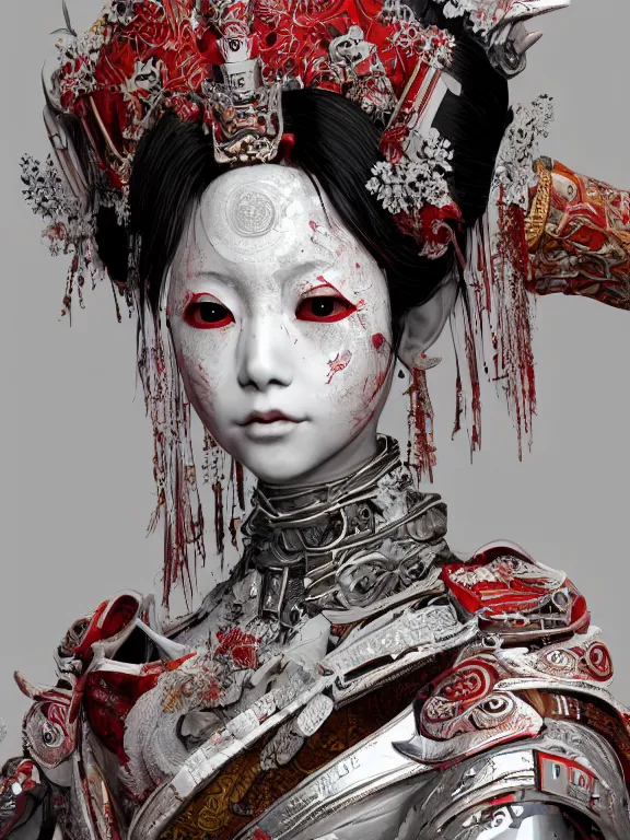 Prompt: portrait art of 8k ultra realistic geisha,intricate white and red mask, detailed intricate ornate armour,decaying, cybernetic, full of colour, cinematic lighting, battered, trending on artstation, 4k, hyperrealistic, focused, extreme details,unreal engine 5, cinematic, masterpiece, art by ayami kojima, giger