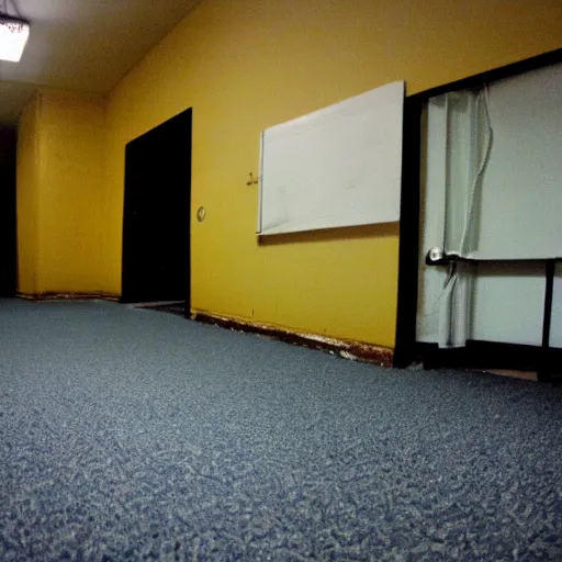 Image similar to flash low quality photograph of the backrooms, mustard - yellow old moldy moist carpet room, empty liminal space, very dark shadows, broken fluorescent lighting, horror movie scene, film grain