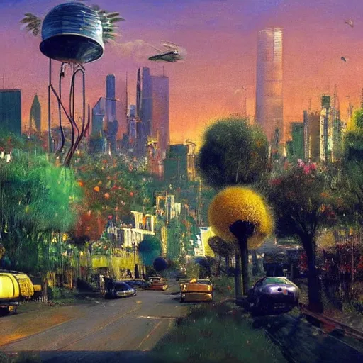 Image similar to a very beautiful eco - friendly environmental future!!! city cityscape, ( flying cars ) and elevated!! trains and solar power, lots of plants and flowers, sunrise, style of olidon redon