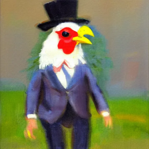 Image similar to a high quality photo of a chicken wearing a suit, Impressionism, 8k