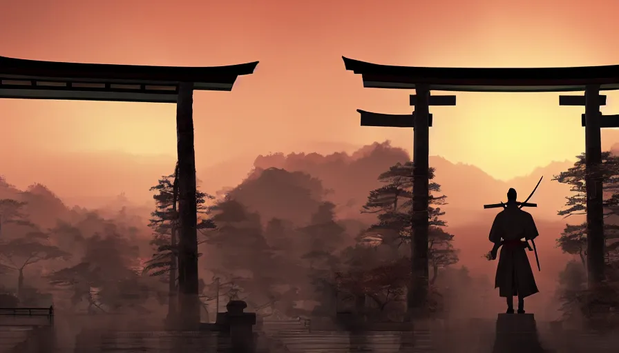 Prompt: An armed samurai standing under a torii gate, red sunrise , hyperdetailed, artstation, cgsociety, 8k