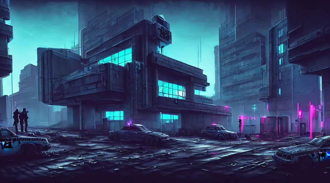 Image similar to post - apocalyptic police station, building, paved roads, complex textures, sci - fi art, highly detailed photography, trending on artstation, hyperrealistic, human silhouettes, cyberpunk, environment artist, dystopian, science fiction, synthwave neon retro, concrete, vivid colors