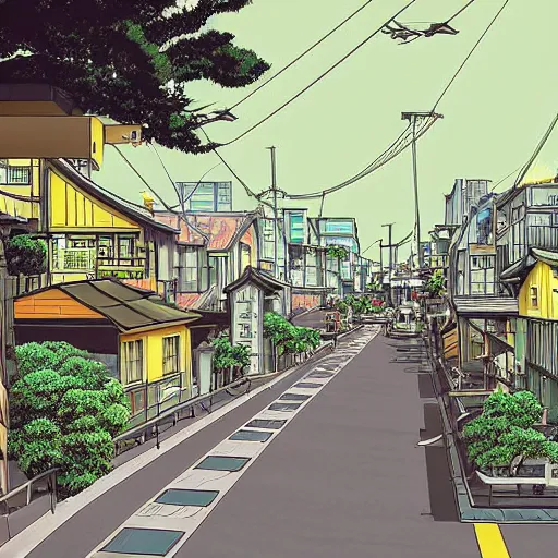 Image similar to japanese town, neighborhood, surreal neighborhood, street view, anime, modern neighborhood, japanese city, underground city, modern city, tokyo - esque town, 2 0 0 1 anime, cel - shading, compact buildings, sepia sunshine, yellow sunshine