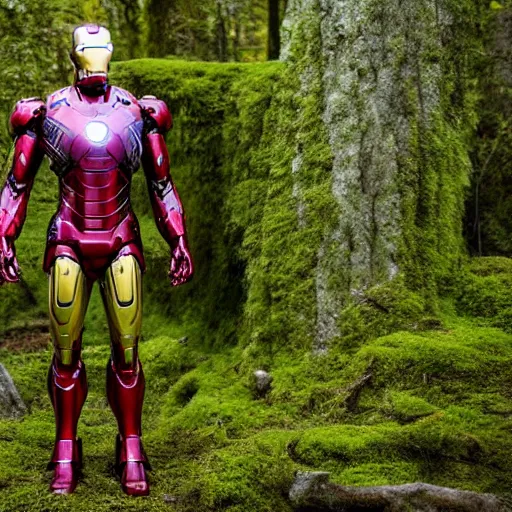 Prompt: abandoned iron man suit in the middle of the forest, overgrown by moss, 4k realistic photo