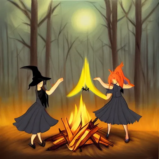 Image similar to three witches dancing while flying by a campfire in the middle of a gloomy forest, painted with gray and warm tones cute anime