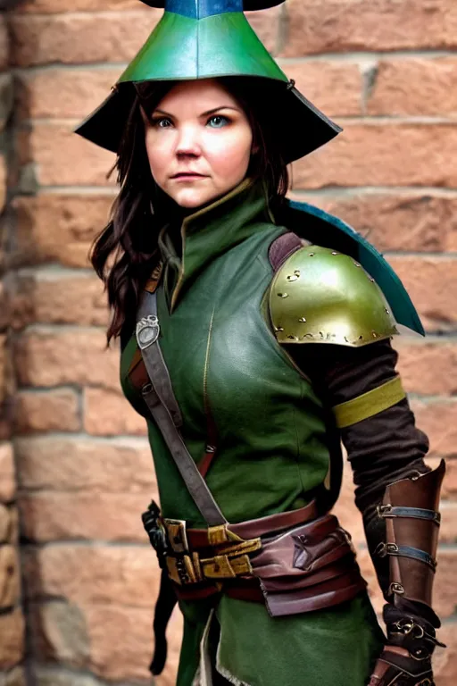 Prompt: fantasy character photo. female ranger. danielle campbell. facial expression of manic obsessive love. tall, lanky, athletic, wiry. brown & dark forestgreen leather armor. crooked little feathered hat, lightgreen, worn at jaunty angle. black hair in ponytail. bright blue eyes. leaning against the exterior wall of a tavern