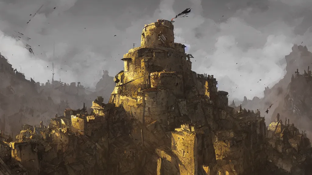 Image similar to top down view of fortified mountain bastion, chimneys, smoke trails, papyrus, watercolored, jakub rozalski, dark colours, dishonored, artstation