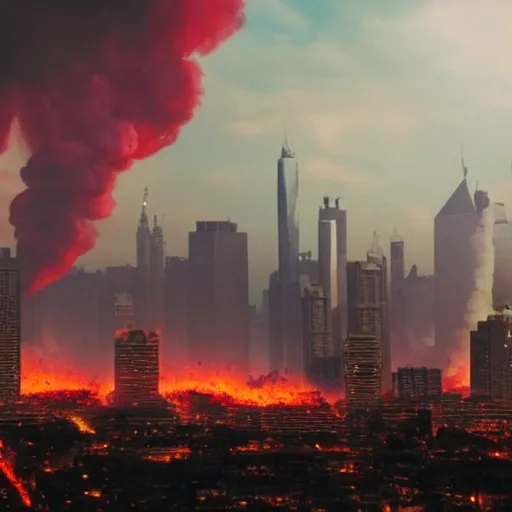 Prompt: realistic photo, destroyed city with skyscrapers on fire with red flames in the background, calm people practicing yoga at the top of a hill in the foreground, apocalyptic atmosphere, lot of smoke in the sky