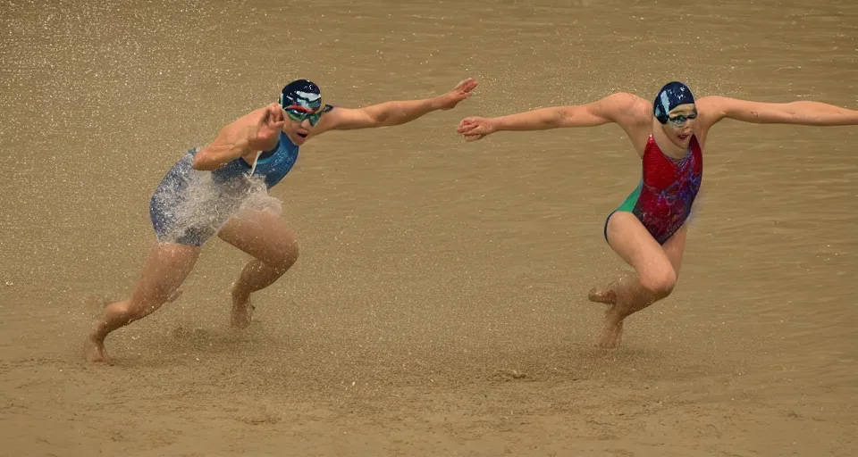 Image similar to olympic swimming in sand instead of water, motion blur