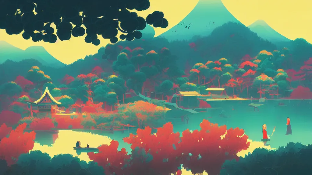 Image similar to japanese village, fruit market, trees, and lake, by anton fadeev