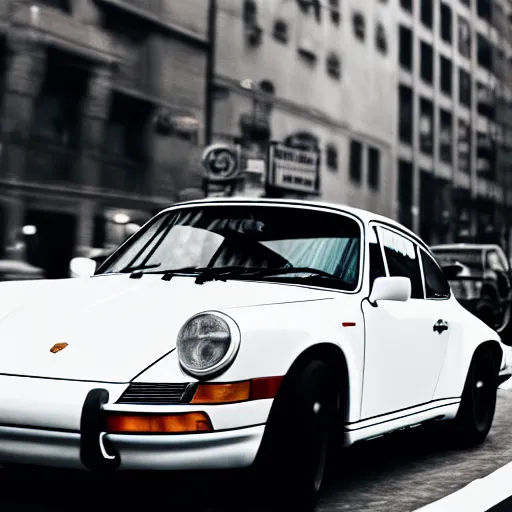 Prompt: photo of a porsche 9 1 1 9 6 4 speeding through nyc, cinematic, motion blur, shallow dof, 3 5 mm, heli shot, macro