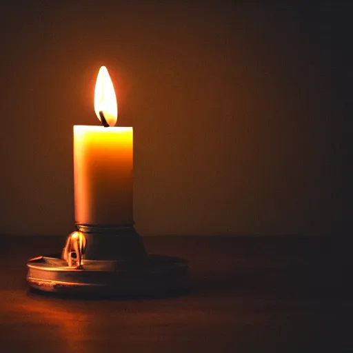 Prompt: dslr, candle that is lit on a table, in a candle holder, in a dark room, eerie glow, extreme quality, real photo, real camera, moody lighting, 8 k