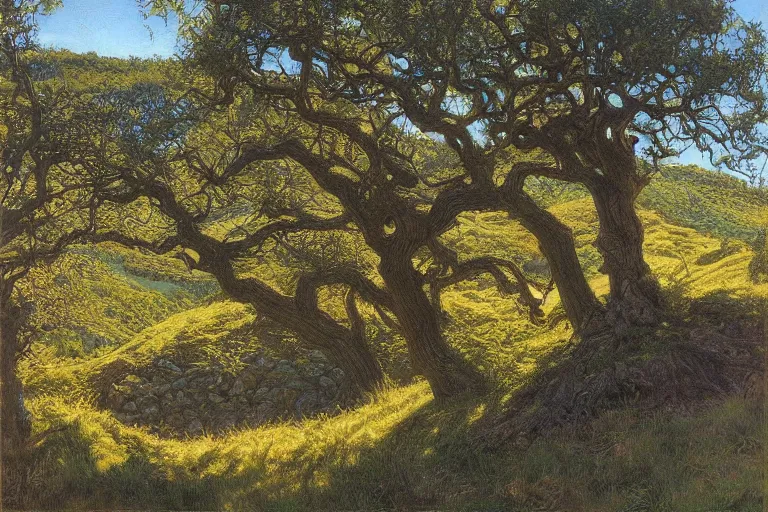 Prompt: masterpiece painting of oak trees on a hillside overlooking a creek, dramatic lighting, by donato giancola