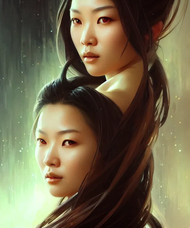 Image similar to Asian woman portrait, sci-fi, amber eyes, face, long hair, fantasy, intricate, elegant, highly detailed, digital painting, artstation, concept art, smooth, sharp focus, illustration, art by artgerm and greg rutkowski and alphonse mucha