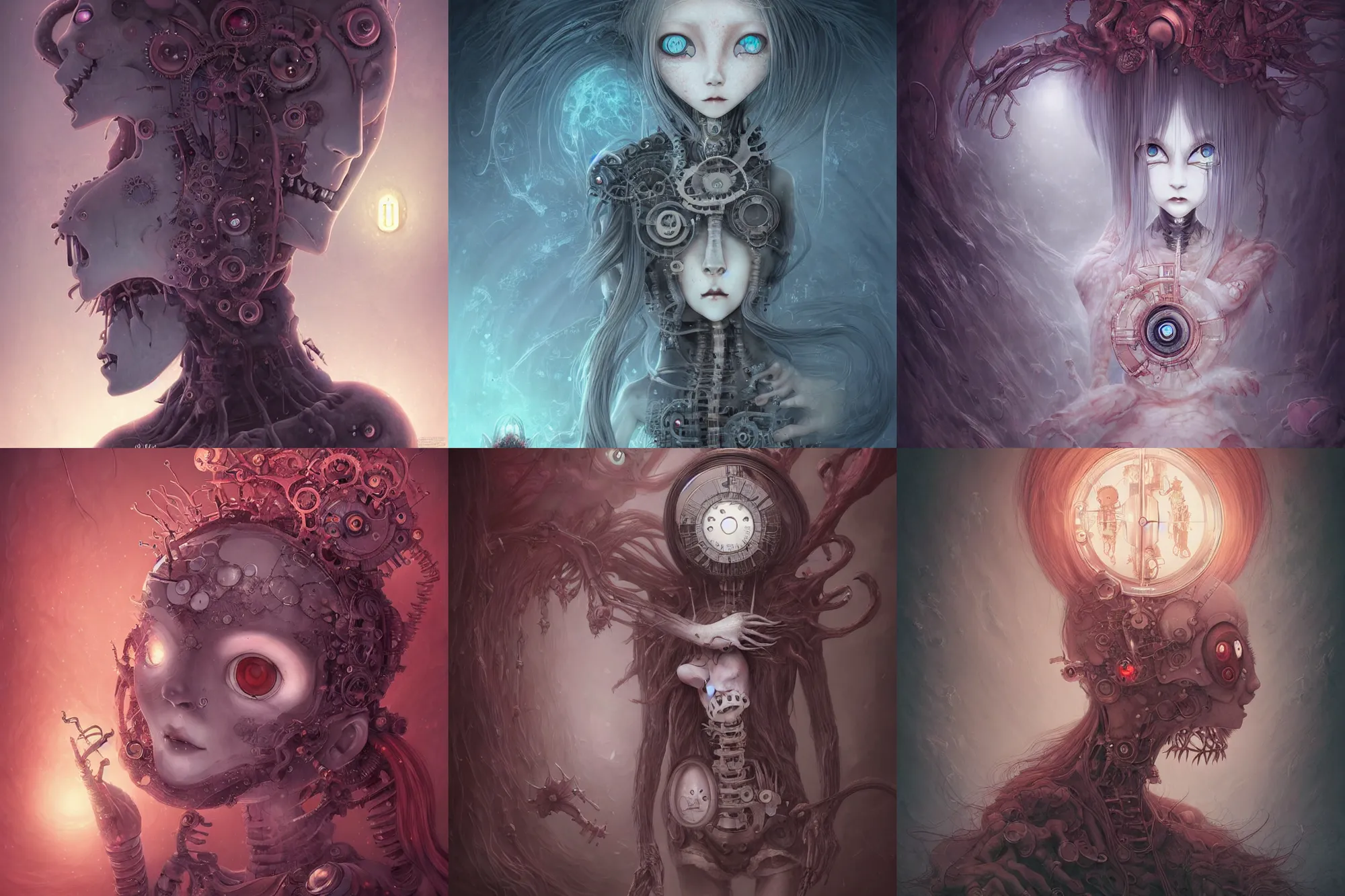 Prompt: detailed, sharp, cute kawaii humanoid female clockwork monster of necronomicon by Anna Dittmann and by studio ghibli and Junji Ito and Zdzislaw Beksinski. digital art. surreal. featured on art station. anime arts. featured on Pixiv, HD, 8K, highly detailed, good lighting