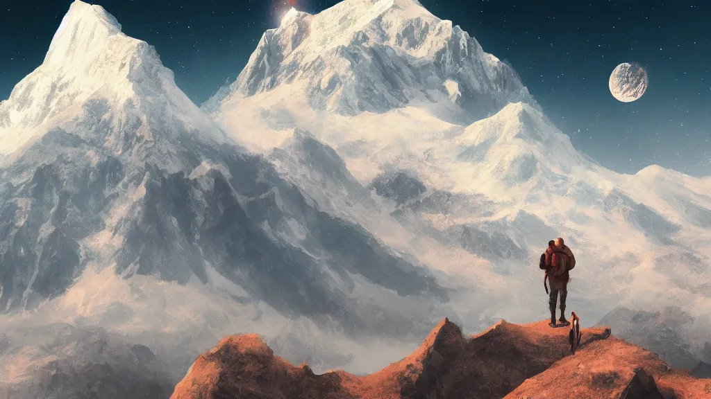 Prompt: someone standing at the peak of a mountain, big planet in the background, majestic, digital painting, trending on artstation