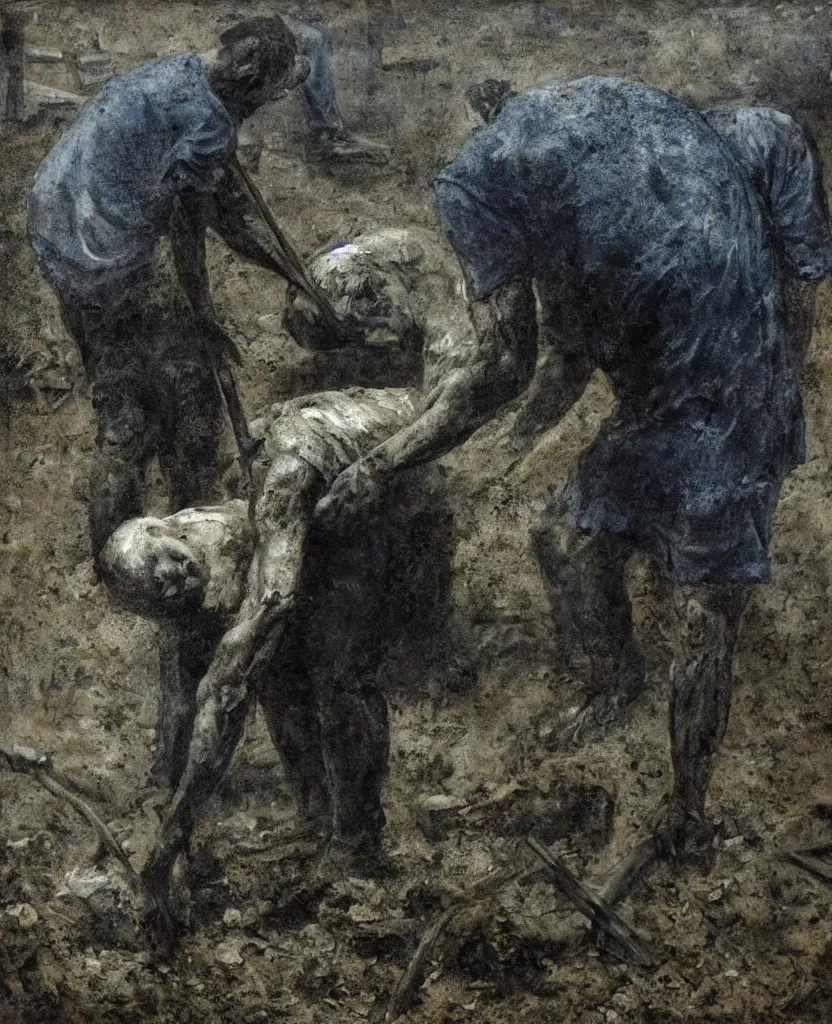 Image similar to a man in a cemetery digging up a dead body, by nicola samori, painting, 8 k, high detail, medium blue, orange, and dark green tones, high quality, sad feeling, high detail, dark colors, sinister atmosphere, dramatic lighting, cinematic, establishing shot, extremely high detail, photo realistic, cinematic lighting